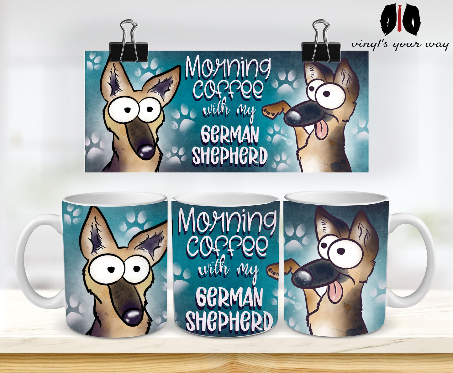 Morning coffee with my German Shepard  cute cartoon doggy mug perfect gift for him her mum dad nan