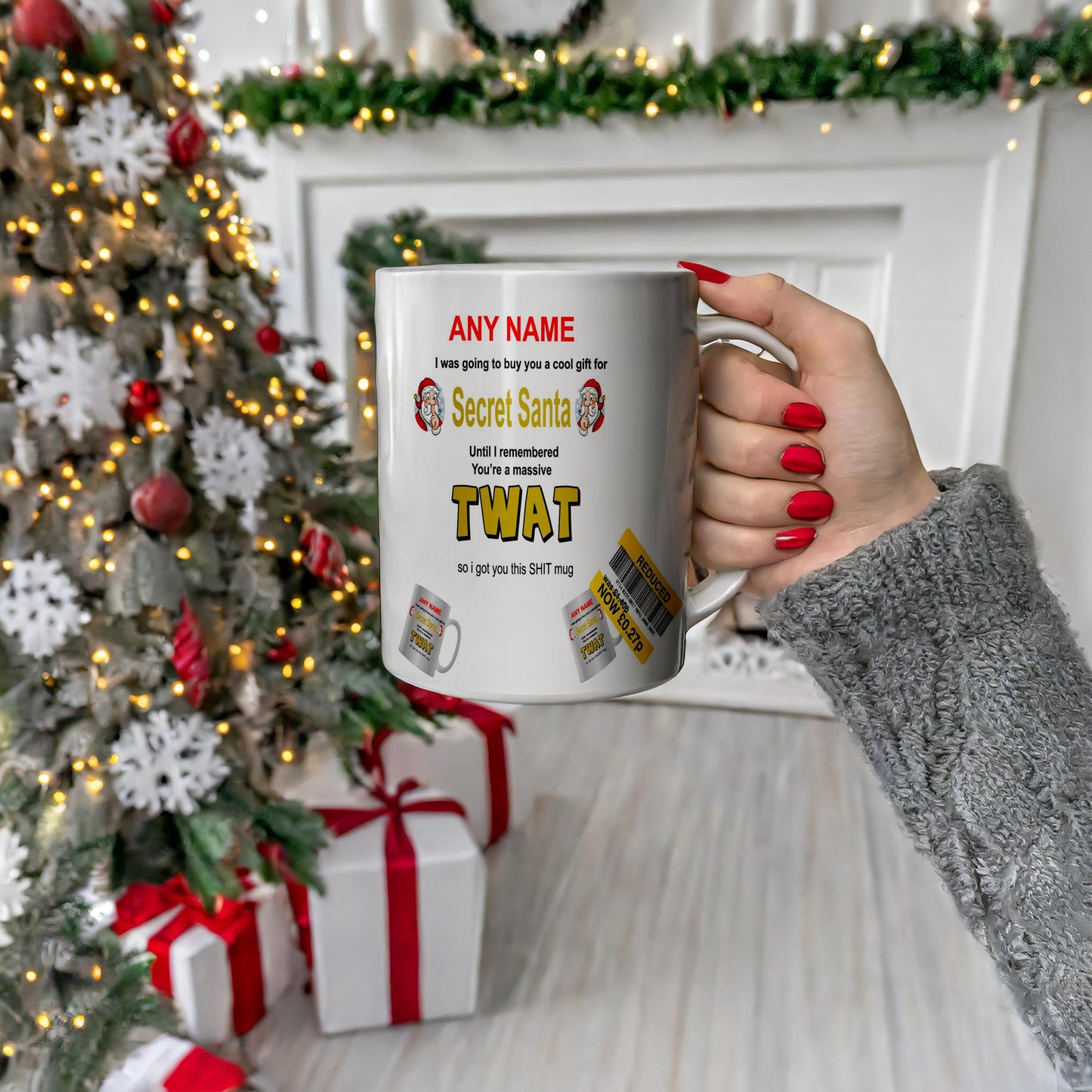 Secret Santa Surprise! This mug is filled with holiday cheer and a touch of mystery. Perfect for a festive gift exchange!